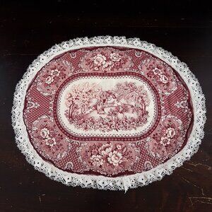 4pc Vintage Oval Quilted Toile Fabric Placemats Set